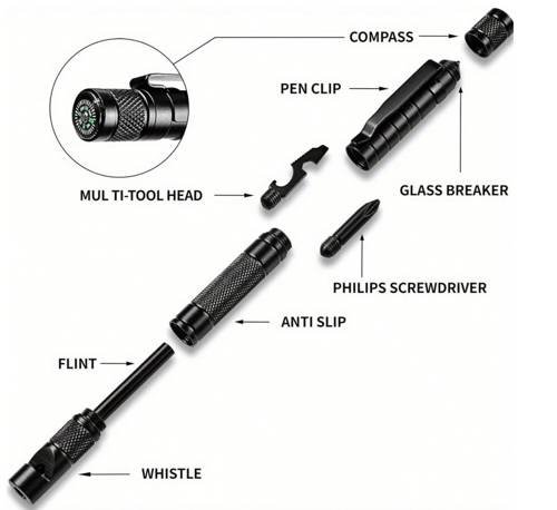Pocket Survival Pen with 9 Tools incl Compass, Firestarter, Whistle, ScrewDriver