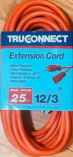 25ft 15A Heavy Duty 1875W 12/3 SJTW Orange Outdoor Extension Cord