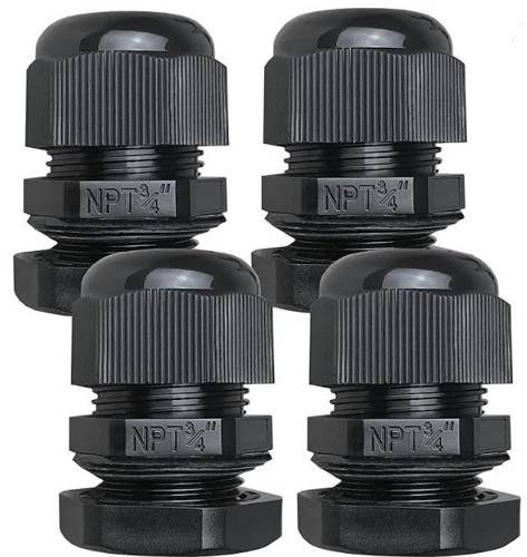 4 Pack, Black 3/4" Strain Relief Nylon Cord Grip Waterproof NPT Cable Gland